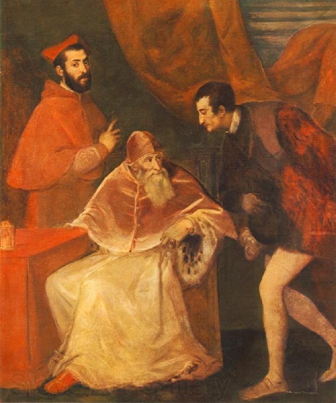 TIZIANO Vecellio Pope Paul III with his Nephews Alessandro and Ottavio Farnese ar